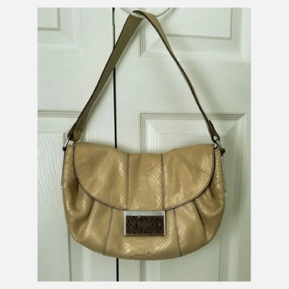 Calvin Klein Vintage Hobo Shoulder Bag with Carved Wood Flap Closure